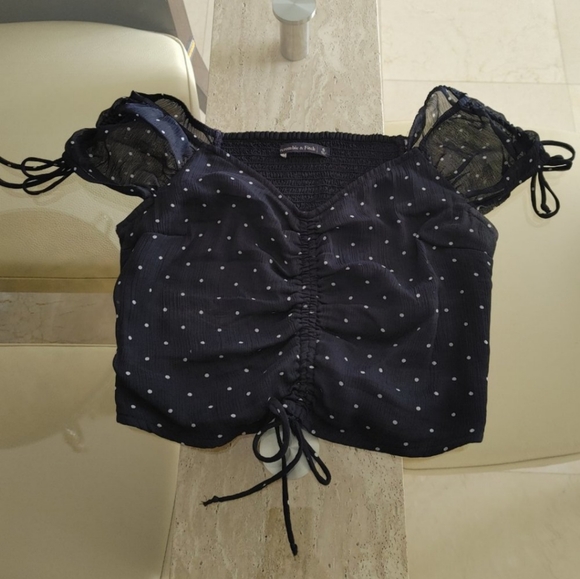 Abercrombie & Fitch Tops - Abercrombie & Fitch Mesh Ruched Polka Dot Crop Top - Navy and White - Small